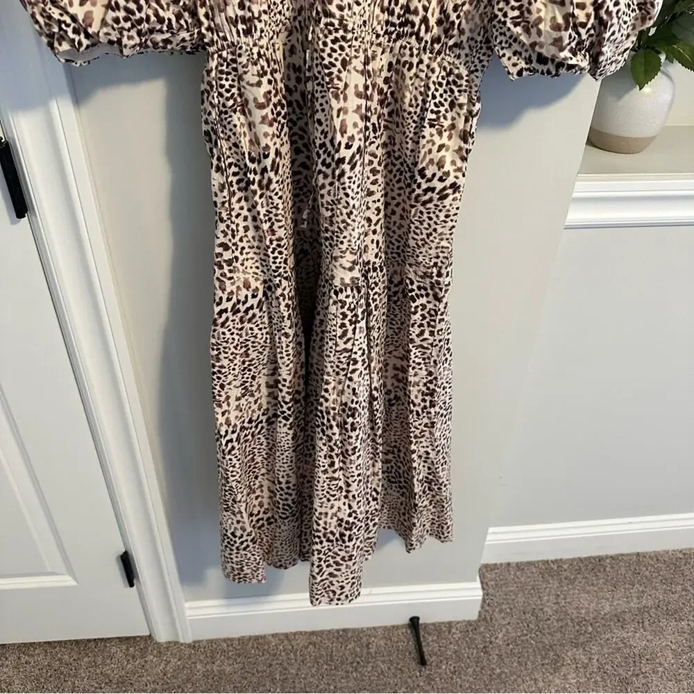 NWT Sea New York White Brown Animal Printed Puff Sleeve Maxi Dress 6
